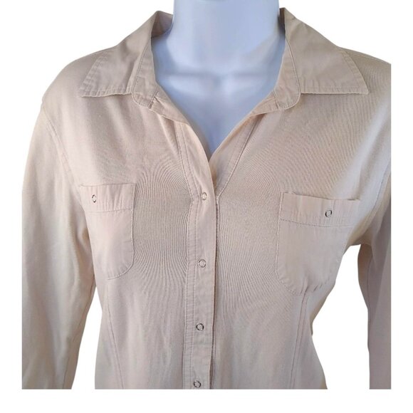 Style & Co Women's Cream Snap Down Top 3/4 Sleeve Collared Utility Top Size Med - Picture 2 of 10
